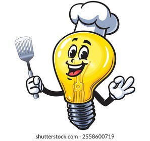 Light Bulb holding a spatula and wearing a chef's hat,  Cartoon Character Mascot Illustration Vector Clip-art Hand-drawn Logo Design