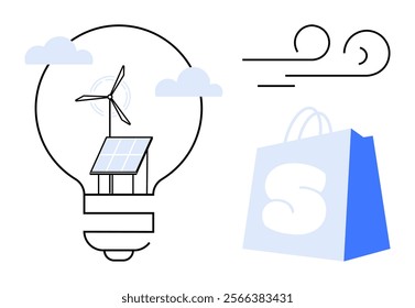 Light bulb housing a wind turbine and solar panel, clouds, breeze symbol and a shopping bag with letter S. Ideal for renewable energy, sustainability, eco-friendly shopping, clean technology, green