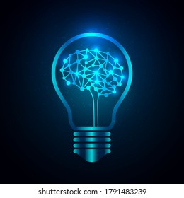 Light bulb with human brain forming inside. Vector illustration of creative brain with network connections, Creative idea sign, Thinking, Intelligent, Innovation concept.