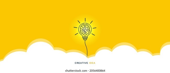 Light bulb with human brain icon sign moving up on sky. Concept of creative idea brainstorm and imagination development. and innovation inspire.Vector illustration 