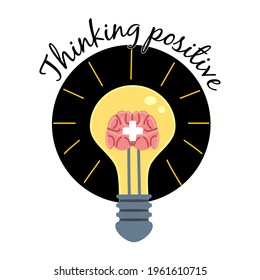 Light bulb with human brain plus symbol logo. Positive thinking, creative idea, mind, solution concept. Vector illustration cartoon flat