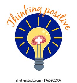 Light bulb with human brain plus symbol logo. Positive thinking, creative idea, mind, solution concept. Vector illustration cartoon flat