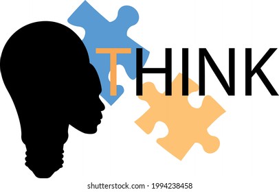 light bulb with a human face in the style of minimalism next to the inscription think and puzzle details logo for design