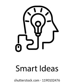 Light bulb in human head connected to mouse denoting icon for smart ideas 