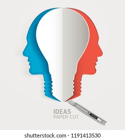 Light bulb and human head icon papercut. Vector illustrations.