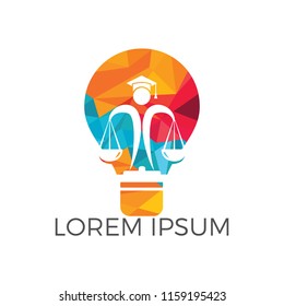 Light bulb and human holding scale of Justice. Education, legal services logo. Notary, justice, lawyer icon or symbol Vector