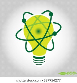 Light bulb icon with atom isolated on abstract background. Vector illustration