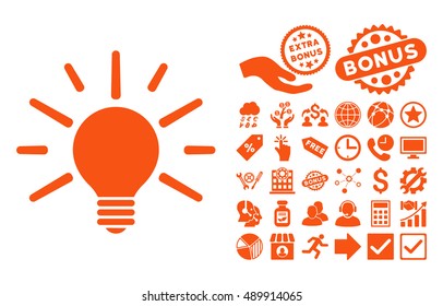 Light Bulb icon with bonus clip art. Vector illustration style is flat iconic symbols, orange color, white background.
