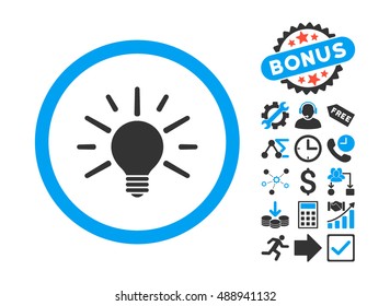 Light Bulb icon with bonus images. Vector illustration style is flat iconic bicolor symbols, blue and gray colors, white background.