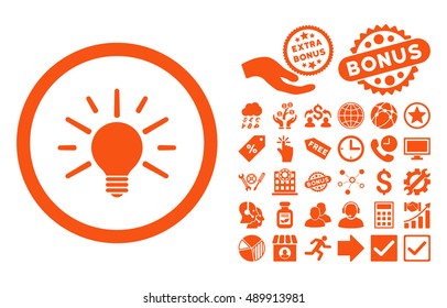 Light Bulb icon with bonus images. Vector illustration style is flat iconic symbols, orange color, white background.