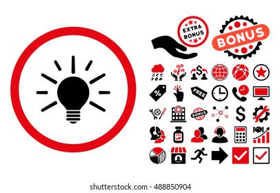 Light Bulb icon with bonus pictograph collection. Vector illustration style is flat iconic bicolor symbols, intensive red and black colors, white background.