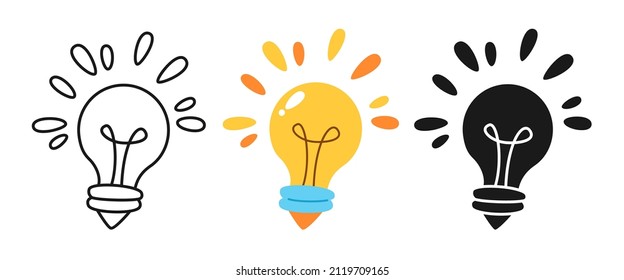 Juego de dibujos animados de iconos de la bombilla. Viejo doodle o sello de la línea de la lámpara de época. Idea bombilla de luz simple símbolo plano. Señal de energía eléctrica. Ecología eléctrica. Aplicaciones móviles de diseño de vectores, web o medios de impresión