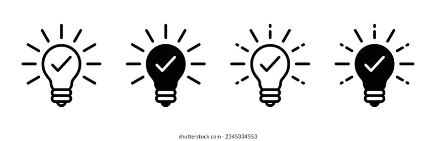 Light bulb icon with check mark in line and flat style. Lightbulb, idea lamp, creative, innovative, solution, thinking, icon set symbol