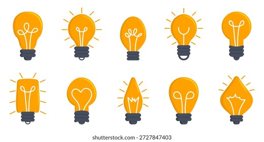 Light bulb icon collection in flat cartoon style. Different idea and creativity symbols with glowing lamps