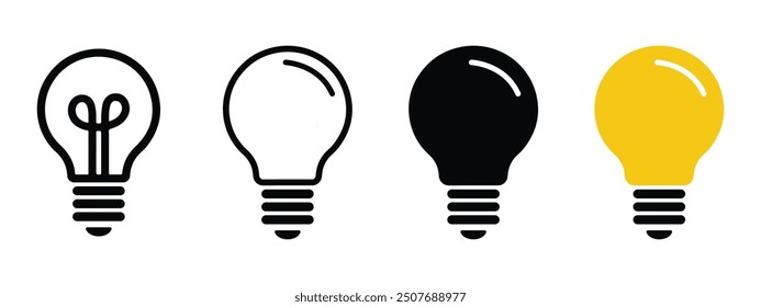 Light bulb icon collection set. Light bulb vector icon, idea symbol, light sign, electricity, lamp, solution icon vector illustration set