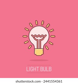 Light bulb icon in comic style. Lamp cartoon vector illustration on isolated background. Idea, solution, thinking sign business concept splash effect.
