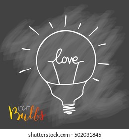 Light bulb icon. Concept of big ideas inspiration, innovation, invention, effective thinking. CFL lamp.  Isolated. Vector illustration. Idea symbol. sketch. Sign. On chalk background