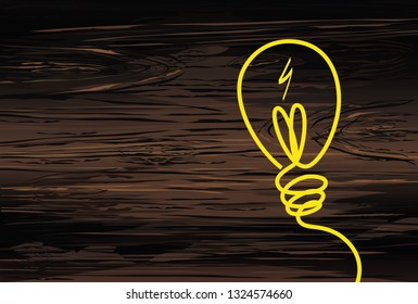 Light bulb icon with concept of idea. Vector isolated on wooden background. Contour line.