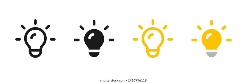 Icono de la bombilla. Concepto de Vector de creatividad e innovación. Símbolo de la electricidad de la bombilla. Pictograma de Inspiración y solución. Conjunto de ilustración de bombilla.