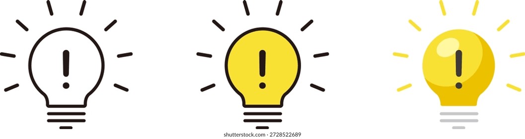 Glühbirnen-Symbol. Design für Aufmerksamkeit, Entdeckung und Inspiration. Ausrufezeichen und Lampe.