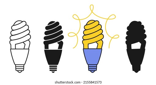 Icono de la bombilla de luz, sello de silueta de lámpara fluorescente de ahorro de energía, conjunto de contorno de doodle. La economía ecológica lideró una brillante señal de bombilla de espiral inteligente. Creatividad, innovación, pensamiento, invención moderna de la idea de símbolo
