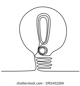 Light bulb icon Exclamation mark, Continuous line drawing idea, thinking icon with exclamation mark, decision. Single line Warning light bulb icon, danger symbol, error, distress. Vector illustration.