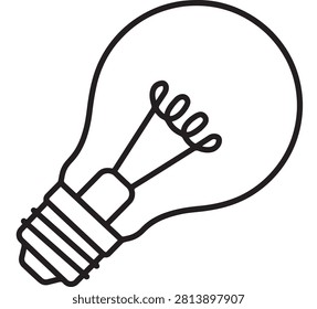 Light Bulb Icon with Filament and Small Rays, Simple Black Line Art for Creative Ideas and Inspiration Concept