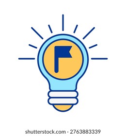 Light bulb icon with flag symbol representing achievement, milestones, and reaching goals. Ideal for success strategies, business targets, project completion, and progress tracking concepts.
