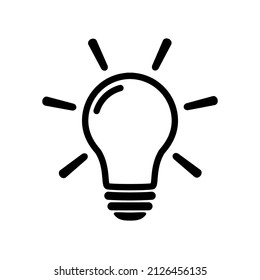 Light bulb icon in flat style. Lighting lamp in black isolated on white. Light bulb as sign solution, idea, thinking concept. Electricity bulb shine. Line vector design for web site, UI, mobile app.