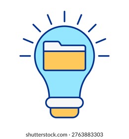 Light bulb icon with folder symbol representing file organization and data management systems. Suitable for digital storage, document handling, office workflows, and structured information concepts.