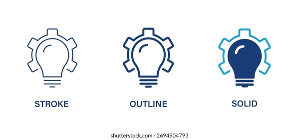 Icono de bombilla con engranajes para el concepto de mejora e innovación. Trazo editable, contorno y Vector sólido.