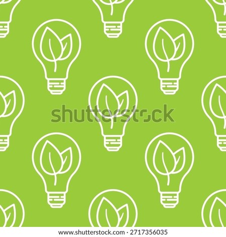 Light bulb icon with green leaves inside seamless pattern. Green energy design. Vector illustration for renewable energy. Outline icon