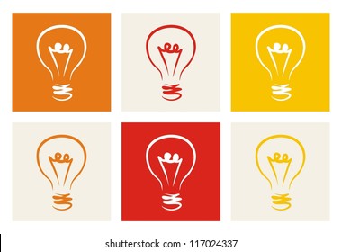 Light bulb icon - hand drawn colorful doodle set isolated on beige, red, orange and yellow background. Sign or logo of creative invention