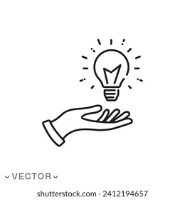 icono de la bombilla de luz con la mano, señal de línea de la lámpara sobre fondo blanco aislado, pasos de trazo editable 10 ilustración vectorial 
