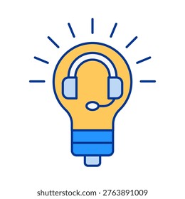 Light bulb icon with headset symbol representing customer support, communication, and assistance. Suitable for service centers, help desks, online support systems, and communication tools.