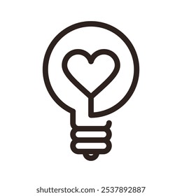 Ícone de lâmpada com sinal de coração, pense a ideia da lâmpada do amor, lâmpada de cartão isolado no fundo branco 