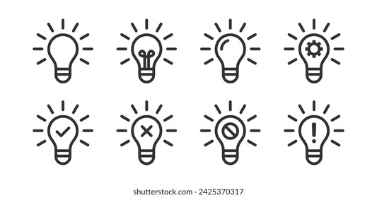 Light bulb icon. Idea, creative, innovation bulb. Electric energy. Bright lamp. Block, cancel, gear, check mark, exclamation mark signs.