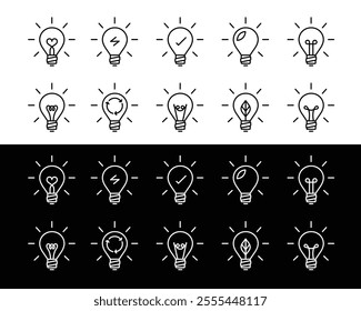 Light bulb icon. Idea symbol. Electric lamp, light, innovation, solution, creative thinking, electricity. Outline, flat design vector.
