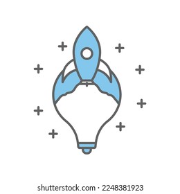 Light bulb icon illustration with rocket. suitable for innovation project icon. icon related to project management. flat line icon style. Simple vector design editable