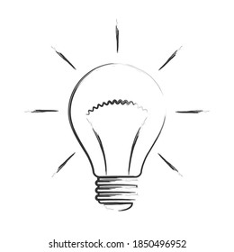 Light bulb icon. Ink drawing cartoon style. Incandescent lamp symbol. Idea and innovation sign. Creative energy or inspiration logo. Lightbulb silhouette isolated on white background. Vector illustration