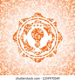 light bulb icon inside abstract orange mosaic emblem with background