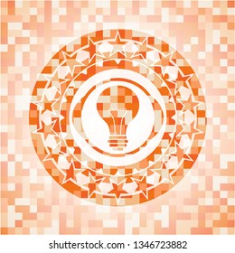 light bulb icon inside abstract emblem, orange mosaic background