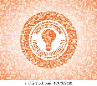 light bulb icon inside abstract orange mosaic emblem with background