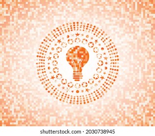 light bulb icon inside abstract orange mosaic emblem with background. 