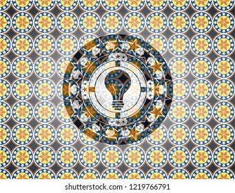 light bulb icon inside arabesque style badge. arabic decoration.