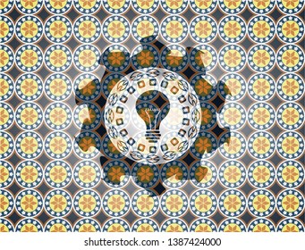 light bulb icon inside arabesque style badge. arabic decoration.