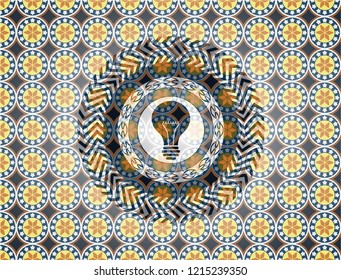 light bulb icon inside arabic style badge. Arabesque decoration.