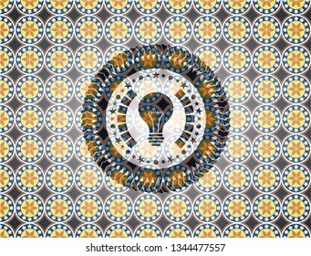 light bulb icon inside arabic badge. Arabesque decoration.