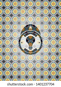 light bulb icon inside arabic style badge. Arabesque decoration.