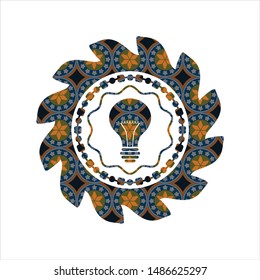 light bulb icon inside arabic badge. Arabesque decoration.